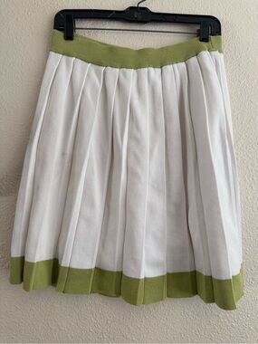 White Pleated Skirt with Olive Green Trim